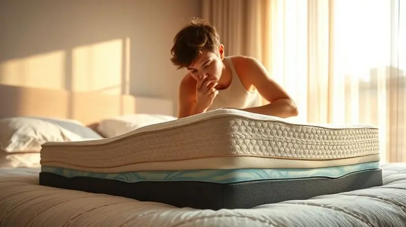 Photorealistic, artistic shot of a person thoughtfully examining a detailed cross-section of a modern mattress, revealing lay