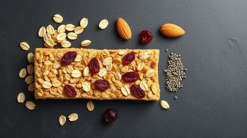 Ingredientes de uma barra de cereal, como aveia, amêndoas e frutas secas, artisticamente arranjados em uma superfície escura.