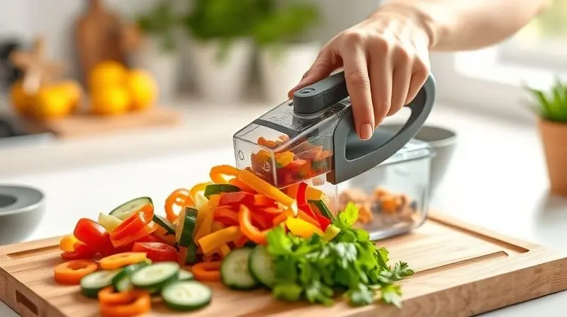 Mãos preparando uma salada colorida com um cortador de legumes moderno sobre uma tábua de madeira em uma cozinha clara e arejada.