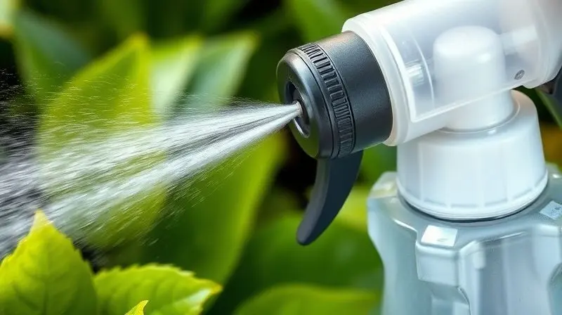 Close-up de um pulverizador manual em ação, com névoa fina sendo borrifada em folhas e o mecanismo interno da bomba visível.