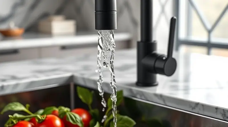 Photorealistic close-up of a modern matte black gourmet faucet in a high-end kitchen. Crystal clear water is flowing from the