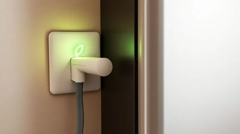 Cabo de energia de um frigobar conectado na tomada, com um ícone de folha verde simbolizando eficiência energética e baixo consumo.