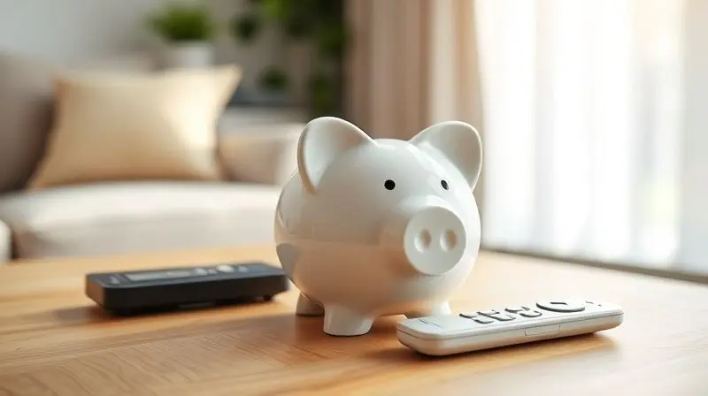 Cofrinho de porco ao lado de um controle remoto de ar-condicionado, simbolizando a economia na conta de energia.