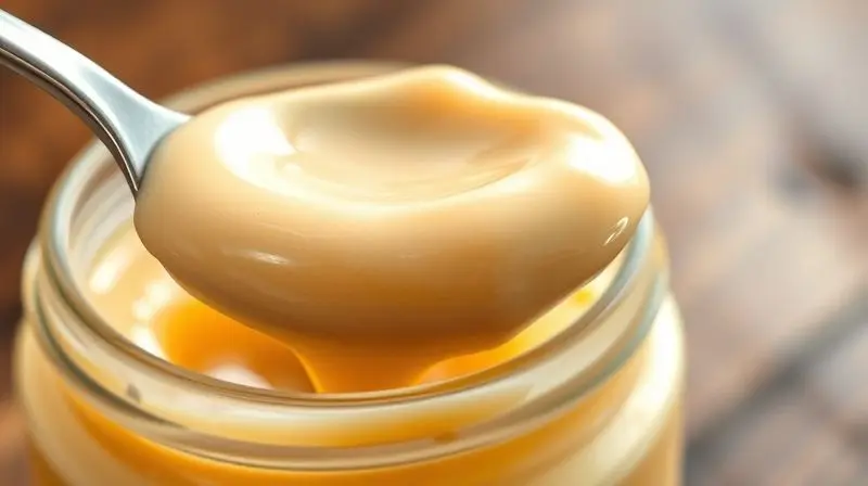 Photorealistic close-up of a silver spoon lifting a thick, glossy portion of doce de leite from a glass jar, showcasing its p