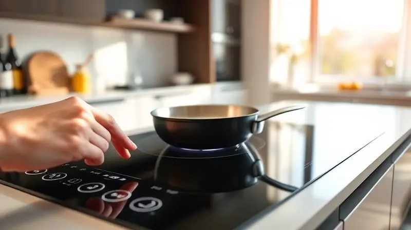 Mão ligando cooktop de indução em cozinha moderna, com panela aquecendo rapidamente, simbolizando eficiência e inovação.