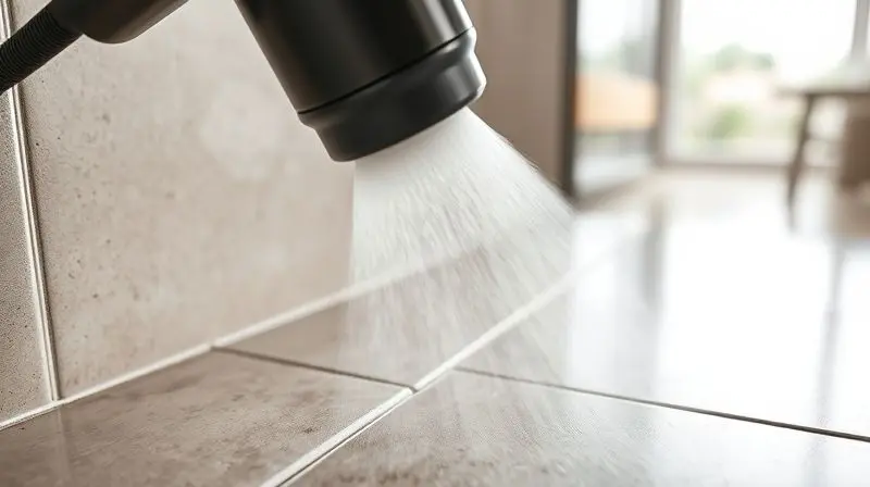 Close-up de um bico de limpador a vapor soltando vapor para remover sujeira de um rejunte de azulejo em uma cozinha.