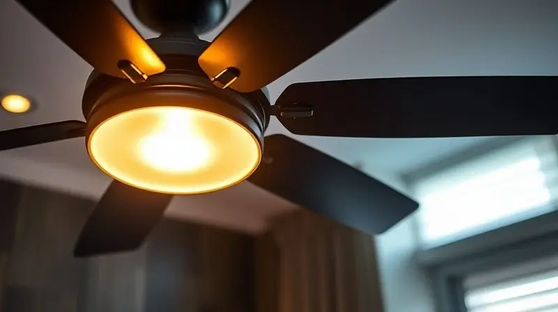 Close-up de um ventilador de teto com iluminação integrada acesa, projetando uma luz quente e aconchegante em um quarto moderno.