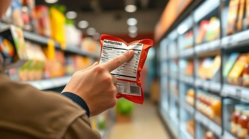 Pessoa lendo atentamente o rótulo com as informações nutricionais na embalagem de uma barra de cereal em um supermercado.