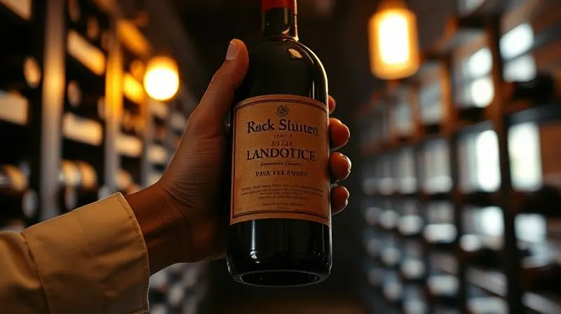 Mão de um sommelier inspecionando uma garrafa de vinho envelhecido em uma adega escura e organizada.