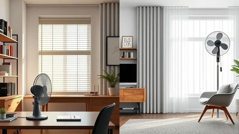 Photorealistic comparison image of a modern home office. On the left side, a compact desk fan is placed on a work desk. On th