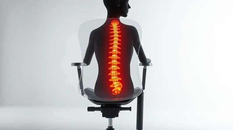 Photorealistic, conceptual image of a transparent ergonomic office chair with glowing lines highlighting the lumbar support, 