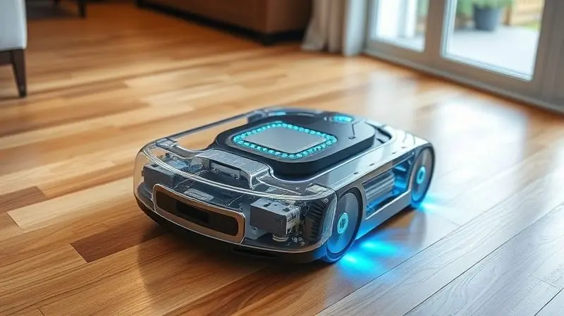 Visão em raio-x de um robô aspirador em funcionamento, mostrando seus componentes internos e sensores de navegação em um piso de madeira.