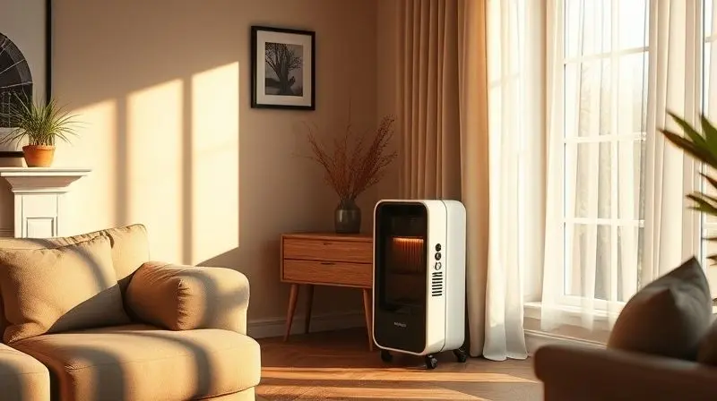 Sala de estar aconchegante e aquecida, com um aquecedor portátil moderno posicionado de forma segura no canto do ambiente.