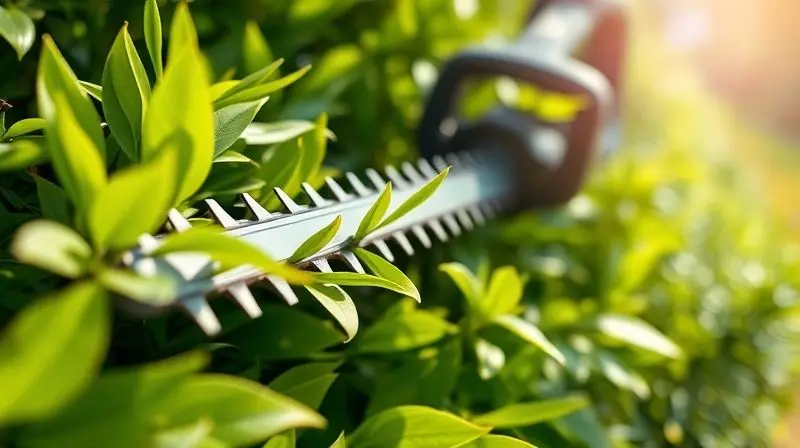 Close-up de um aparador de cerca viva em ação, com suas lâminas afiadas cortando precisamente uma folhagem verde e densa.