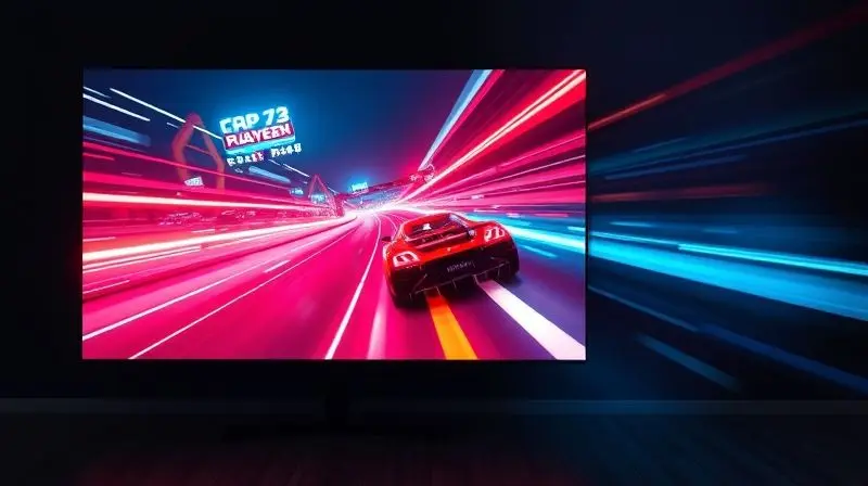 Imagem de um videogame de corrida em uma TV, com rastros de luz neon demonstrando a alta taxa de atualização e fluidez de movimento.