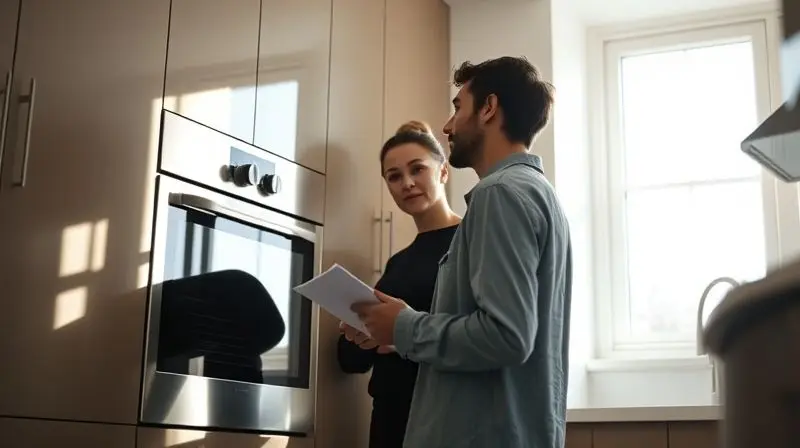 Pessoa em uma cozinha moderna, analisando um fogão de embutir com um caderno na mão, em processo de escolha do aparelho ideal.