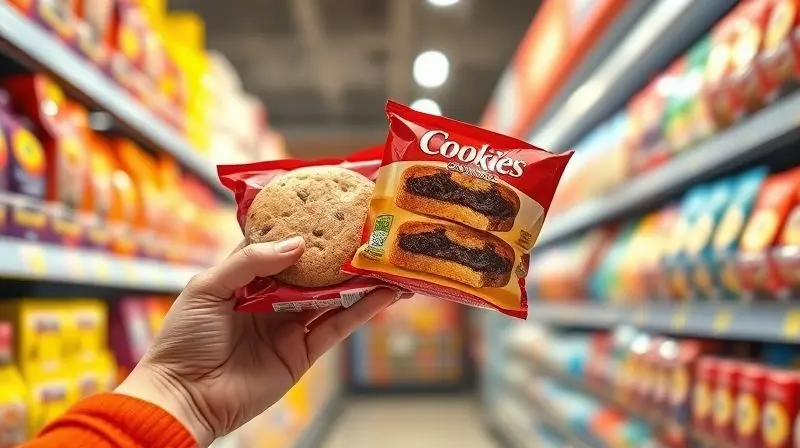 Pessoa em um supermercado comparando dois pacotes de biscoitos recheados para fazer a melhor escolha de compra.