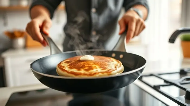 Mãos de uma pessoa virando uma panqueca no ar com uma frigideira antiaderente, em uma cozinha clara e moderna.