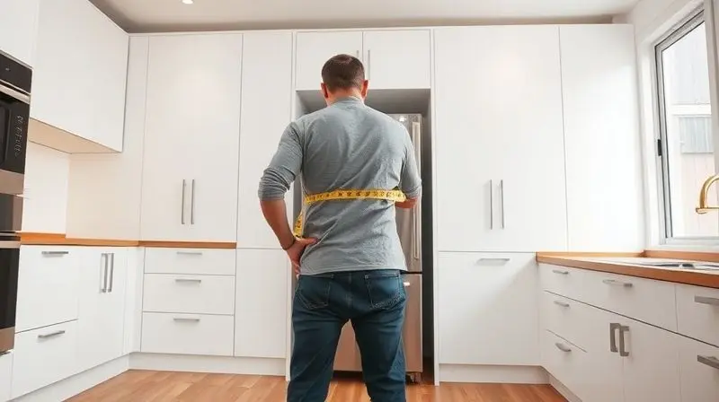 Photorealistic image from an eye-level perspective, showing a person using a measuring tape in a designated empty space for a