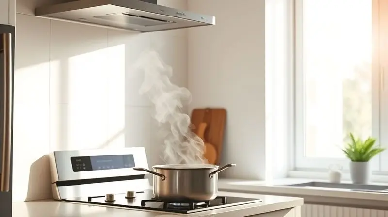 Cozinha moderna e iluminada com vapor de uma panela sendo sugado por um depurador de ar, criando um ambiente limpo e sem fumaça.