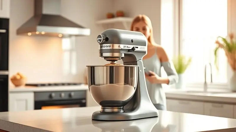 Cozinha moderna com uma batedeira planetária na bancada e uma pessoa feliz ao fundo segurando um bolo recém-assado.