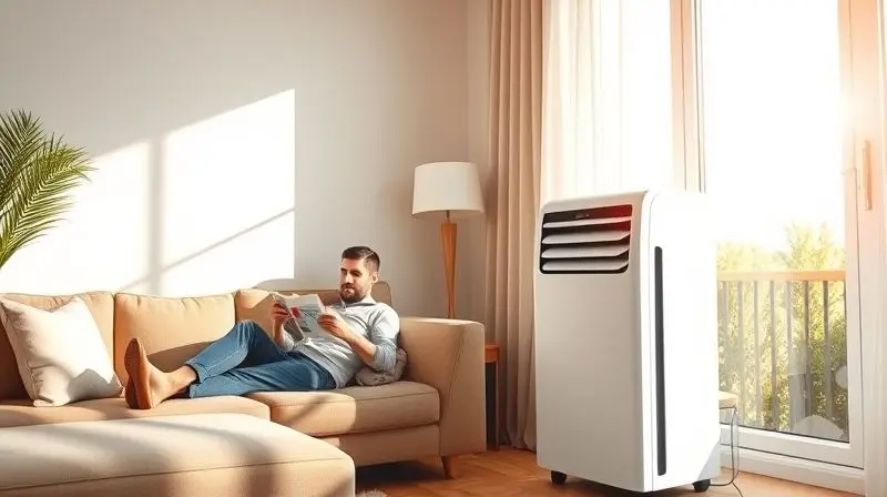 Pessoa relaxa em um sofá numa sala de estar fresca e moderna, com um ar-condicionado portátil em funcionamento ao fundo.