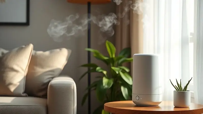 Umidificador de ar branco em funcionamento sobre uma mesa de madeira, liberando uma névoa suave em uma sala de estar aconchegante.