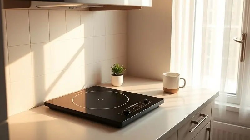 Photorealistic image of a cozy, modern micro-apartment kitchen. A single-burner induction cooktop sits elegantly on a minimal