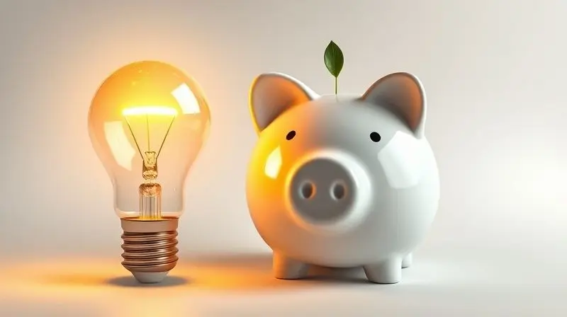 Lâmpada de LED acesa ao lado de um cofrinho em forma de porco, simbolizando a economia de energia e dinheiro.