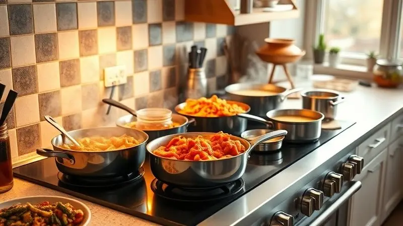 Photorealistic image of a large, delicious feast being prepared on a modern 5-burner stove, with multiple pots and pans steam