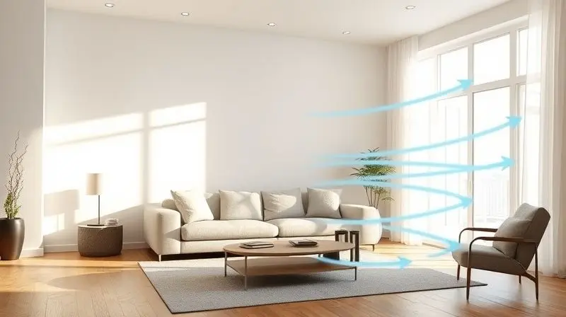 Setas azuis ilustram a circulação de ar por todos os cantos de uma sala de estar, demonstrando a ação de um circulador de ar.