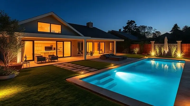 Jardim e área de piscina de uma casa moderna iluminados de forma elegante e segura por refletores LED.