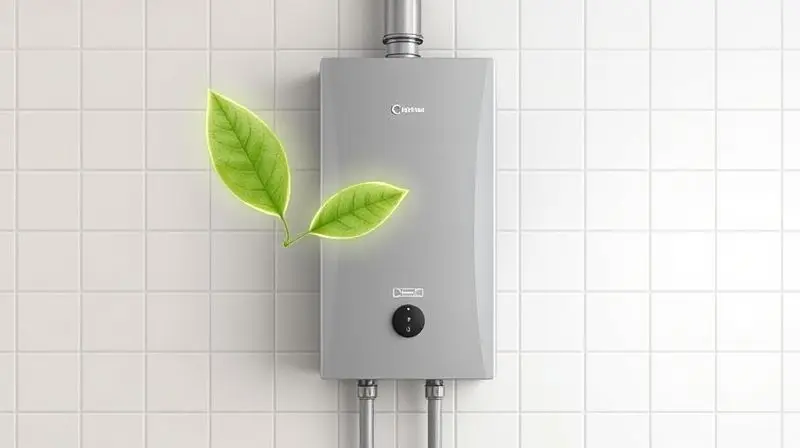 Photorealistic image of a modern, minimalist gas water heater on a clean, white-tiled wall, a single glowing green leaf is ar