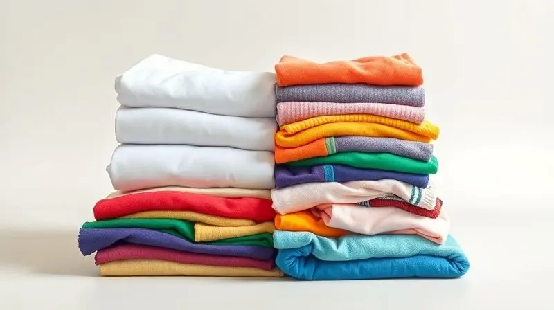 Pilha de roupas limpas e dobradas, com metade de peças brancas e outra metade de peças coloridas.