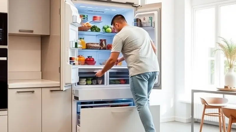 Pessoa pegando um vegetal fresco da parte de cima de uma geladeira inverse, com a gaveta do freezer na parte de baixo, em uma cozinha clara e moderna.