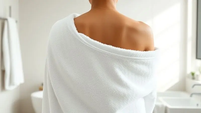 Photorealistic image of a person from the shoulders down, wrapped in an exceptionally plush and luxurious white bath towel, s