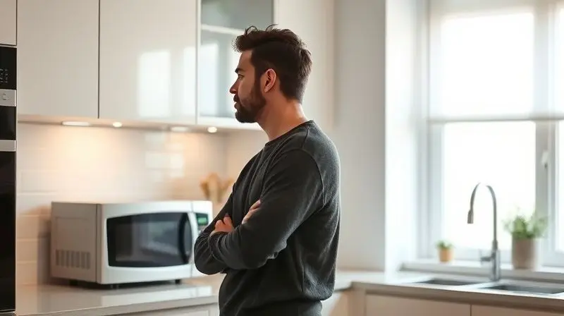 Photorealistic image of a person standing in a bright, modern kitchen, thoughtfully looking at a compact microwave on the cou