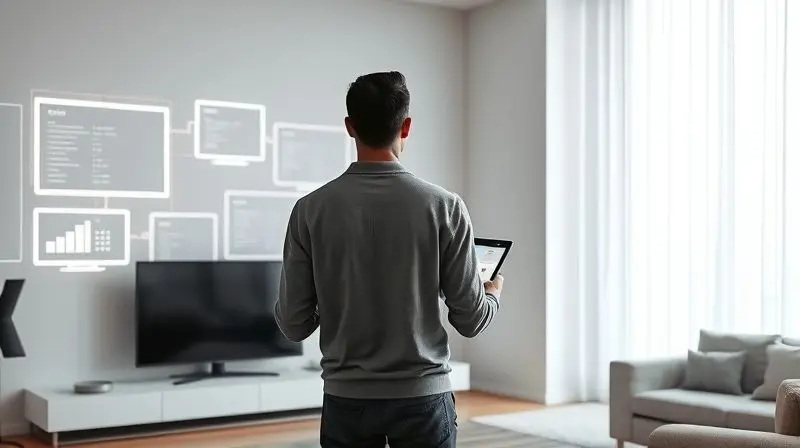 Photorealistic image of a person standing in a minimalist, modern living room, thoughtfully examining a wall with holographic