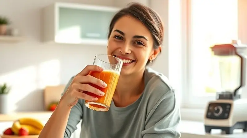 Pessoa feliz desfrutando de uma vitamina colorida em uma cozinha ensolarada, com o liquidificador ao fundo.