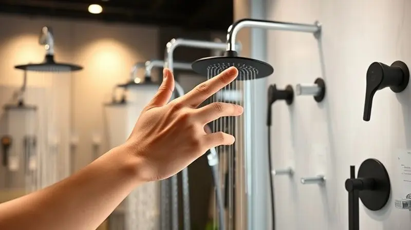 Mão de uma pessoa analisando diferentes modelos de chuveiros modernos expostos em uma loja de design de interiores.