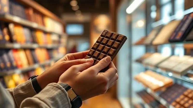 Photorealistic image of a person's hands carefully examining two different artisanal chocolate bars in a brightly lit, elegan