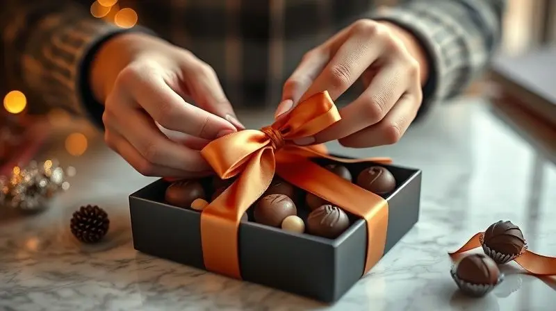 Mãos de uma pessoa amarrando um laço de fita em uma caixa de bombons elegante, ideal para presente, com um fundo festivo desfocado.