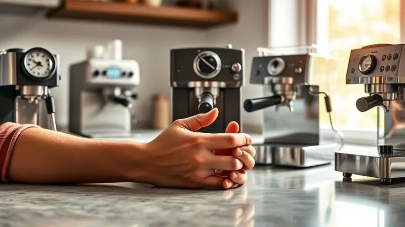 Pessoa analisando três tipos de máquinas de café expresso sobre uma bancada de cozinha iluminada.