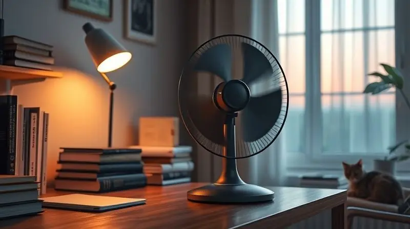 Photorealistic image of a serene and quiet study room at dusk, a soft light comes from a window. A sleek, modern desk fan is 