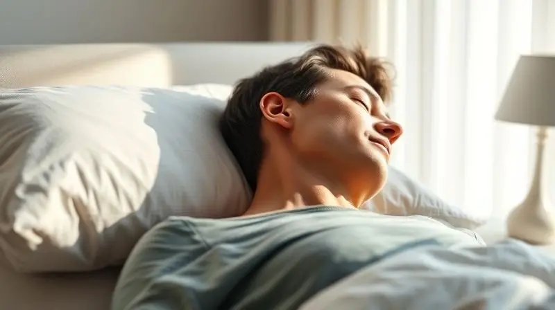 Photorealistic image of a serene person sleeping peacefully in a beautifully lit, minimalist bedroom, their head and neck per
