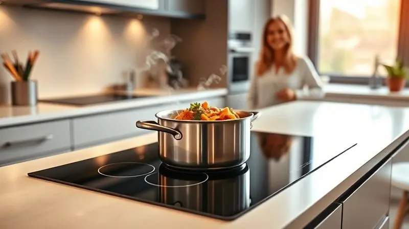 Photorealistic image of a sleek, modern kitchen with a two-burner induction cooktop as the centerpiece. A delicious meal is c
