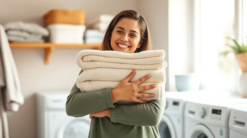 Photorealistic image of a smiling person hugging a stack of perfectly folded, warm, fluffy towels fresh from the dryer, with 