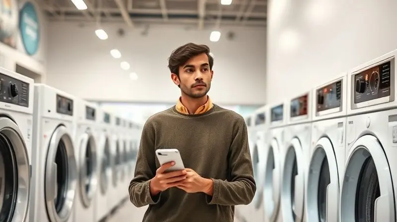 Photorealistic image of a thoughtful person in a bright, clean appliance store, looking at two different models of clothes dr