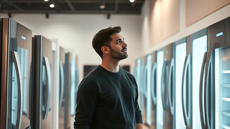 Photorealistic image of a thoughtful person in a brightly lit, minimalist appliance showroom, comparing different sleek refri