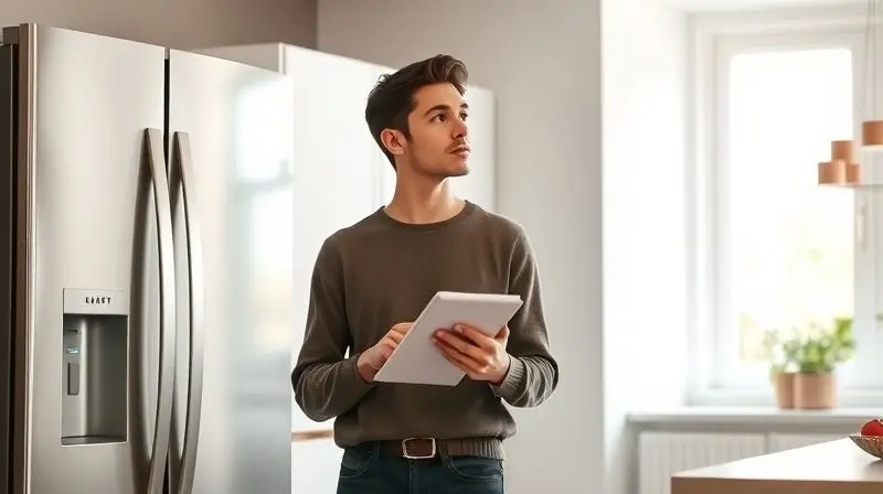 Photorealistic image of a thoughtful person standing in a bright, modern kitchen, looking at a sleek refrigerator with a note